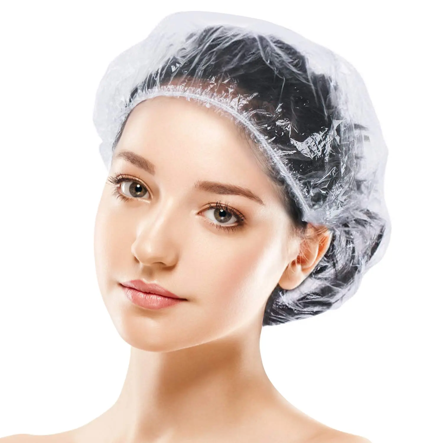 Personnalisé 100 ~ 200pcs Imperméable Épaississement Élastique Transparent Bonnet De Bain Salon Hôtel Voyage Jetable En Plastique Pe Bonnet De Douche Pour Unisexe