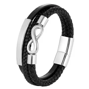 Top Quality Stainless Steel Infinity Charm Real Genuine Leather Bracelet With Stainless Steel Clasp For Men Bangle Jewelry