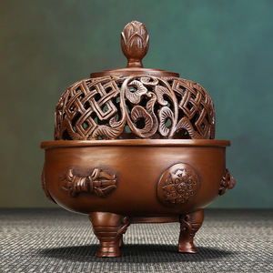 Brûleur d'encens en cuivre violet, lotus porte-bonheur, fait main, pour cérémonie religieuse, cadeau, spécification 89, trois pieds - Product Image 2