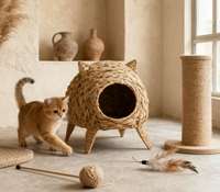 Lit pour chat surélevé en jacinthe d'eau naturelle fait à la main avec de jolies oreilles, lit pour animaux de compagnie en forme de dôme surélevé, coussin lavable inclus