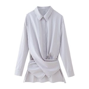 Women's Striped Front Shirt Collared Long Sleeve <b>Tie</b>-<b>Back</b> Casual Office Blouse Top Fashion - Product Image 4