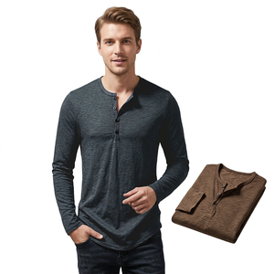 Men's Long Sleeve Henley T-Shirt Knitted Regular Fit Casual Solid Color Button-Up Front Logo Breathable V-Neck 100% Cotton - Product Image 1