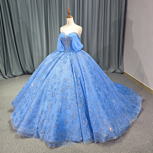 Robe de bal bleue scintillante à épaules dénudées avec corsage perlé, appliques florales en dentelle et traîne en tulle superposé 1230 - Product Image 3