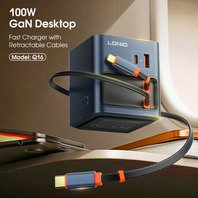 LDNIO Q16 100W GaN Desktop Fast Charger Built-in Retractable USB-C&Lighting 8 Pin Cable Multi-Port Adapter Wholesale