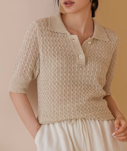 Polo de verano para mujer ODM y OEM de alta calidad, Top tejido con estilo de dinero antiguo, Top de punto con decoración de botones transpirables sueltos - Product Image 4