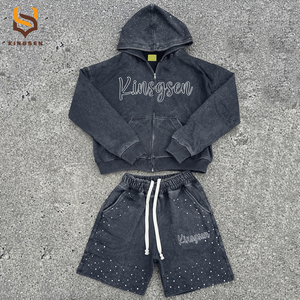 Custom Acid Wash <b>Hoodie</b> <b>Shorts</b> <b>Set</b> <b>Men</b> Screen Print Sweatpants Tracksuit Vintage Sports Streetwear Heavyweight Zipper <b>Hoodie</b> - Product Image 1