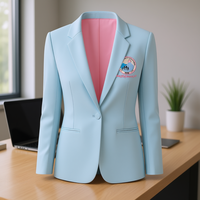 Blazer Azul Claro para Mujer, Marca Personalizada, Cuello Solapa, Un Solo Botón, Estilo Casual, Tejido Transpirable de Viscosa Cristal