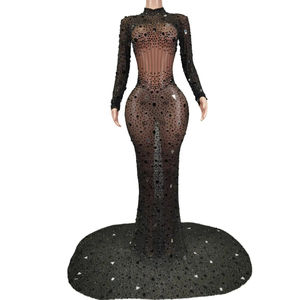 Vestido de sirena de fiesta de noche con diamantes de imitación y lentejuelas transparentes de lujo para mujer - Product Image 1