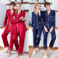 Ensemble pyjama couleur unie pour Couples, vêtements de maison, en Satin, manches longues, vêtements de nuit, deux pièces, nouvelle collection