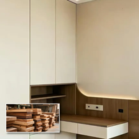 Armoire intégrée moderne pliable sur mesure avec bureau, étagères ouvertes LED, en noyer crème, armoire de rangement d'angle incurvée pour chambre d'appartement