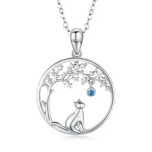 925 Sterling Silver Tree of Life Cat Pendant Necklace Cute Animal Jewelry For Pretty Women Sister