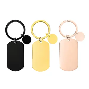 Polished Metal Keychain Customize Engraved Logo Letter Rectangle And Disc Plate Pendant Keychain