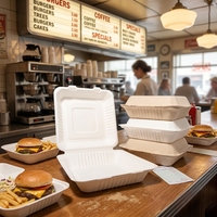Boîte à burger personnalisée en bagasse de canne à sucre avec fenêtre, emballage biodégradable pour sandwichs, idéale pour la restauration rapide et les plats à emporter à base de protéines végétales