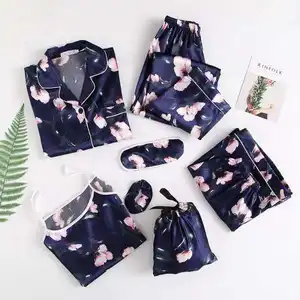 Camisón largo informal para mujer, conjunto de 7 piezas, ropa de noche de seda estampada, pijama de satén elegante