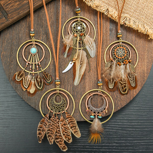 Colliers à pendentif plume en alliage de cuivre et pierre turquoise, style bohème ethnique, collier long unisexe - Product Image 3