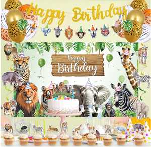 Decoración para Fiesta <span class=keywords><strong>de</strong></span> Cumpleaños con Temática <span class=keywords><strong>de</strong></span> Selva: Pancartas Colgantes, Banderas, Espirales, Guirnaldas, Adorno para Pastel, Adorno para Cupcakes, Globos <span class=keywords><strong>de</strong></span> Helio, Regalos - Product Image 1