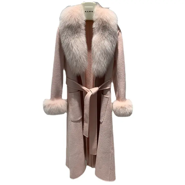 2022 New Fashion Style Double Face Woll mantel mit Fox Fur Collar Cuffs Damen Winter Long Coats