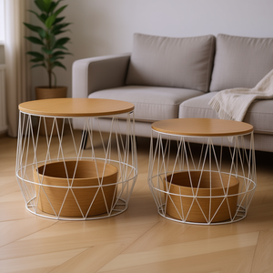 Set di 2 tavolini da caffè in metallo bianco e compensato con contenitore di medie dimensioni, design elegante, mobili per soggiorno - Product Image 2