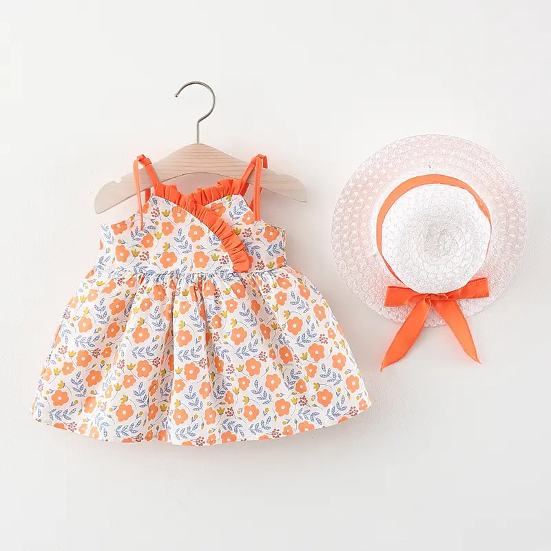 Summer new girl's floral cloth skirt lace suspender skirt baby skirt 0-3 years old baby dress to send cool hat Summer new girl's