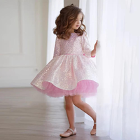 Robe fille été rose col en O manches longues paillettes moelleux maille dentelle mode robes de fête d'anniversaire pour enfants