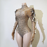 Justaucorps de luxe orné de strass et de sequins, à manches illusion nude, pour scène, danse de salon, concert, festival de musique, burlesque