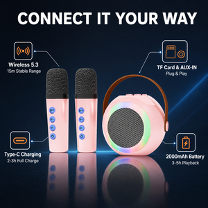 Máquina de Karaoke con 2 Micrófonos Inalámbricos, Altavoz Portátil de 7W, TF, AUX, Tipo C, Efectos de Voz, Esférico, Rosa, para Fiestas en Casa - Product Image 3