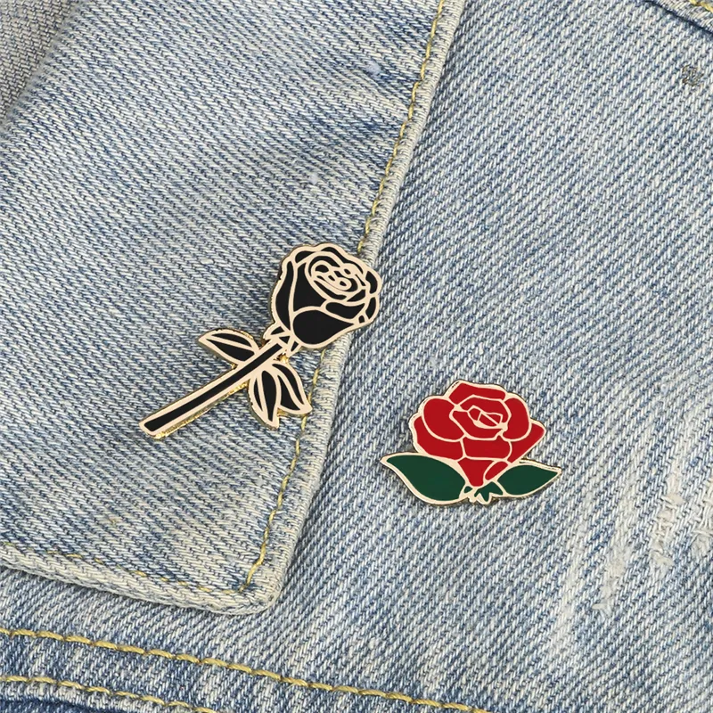 Hübsches Blumen abzeichen Rot Schwarz Rose Emaille Pins Metall Mode Broschen Valentinstag Geschenk Für Freundin Rucksack Revers Hut Schmuck