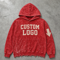 Sweat à capuche personnalisé pour homme, rouge délavé, avec motif étoile, impression de lettres sur le devant, patch flèche sur la manche, ourlet vieilli, OEM ODM