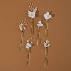 Elegante fiore in ceramica forcine per capelli da sposa in lega foglia accessori per capelli da sposa s 6 pezzi set forchetta floreale perlata da sposa forcine per capelli - Product Image 2
