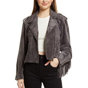 <b>Women's</b> Trending Gray <b>Suede</b> Leather <b>Jacket</b> Custom Made with Studded Genuine Outerwear with Cotton Filling Woven Weaving Method - Product Image 1