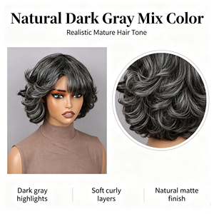 Perruques courtes bouclées en cheveux humains, mélange naturel gris foncé et clair, gris grand-mère, pour femmes matures, usage quotidien, perruque en cheveux naturels - Product Image 3