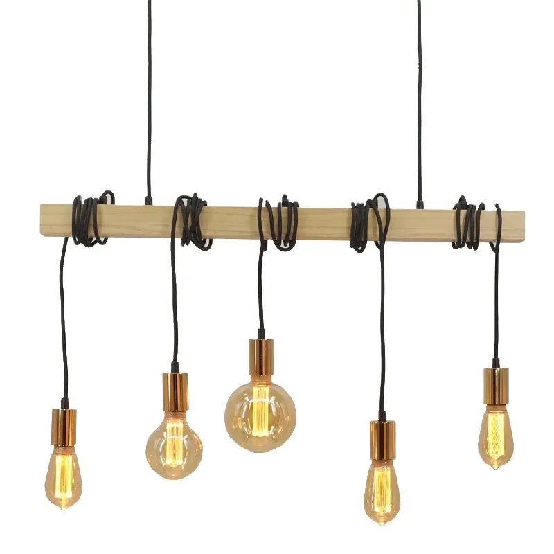 Wooden Industrial Multiple Sockets Shadeless Edison Bulbs Displayed Pendant Lamp For Home Hotel Restaurant Decoration