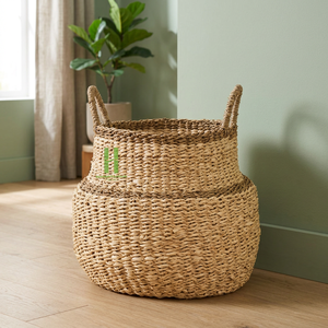 BEST-SELLER Panier de rangement artisanal en jonc de mer, irrésistible panier ventru avec franges en raphia, fabriqué au Vietnam - Product Image 1