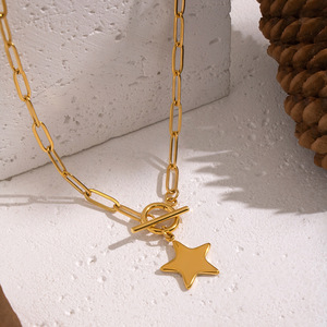 Collana Classica Joker con Stella a Cinque Punte Placcata Oro in Acciaio Inossidabile con Zirconi, Gioiello Trendy da Viaggio per Donne - Product Image 2