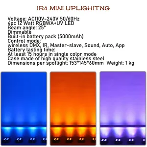 Hot-seller IR4 Mini Uplights 4*12W RGBWA UV 6in1 APP Remote DMX512 Freedom Battery Wireless Uplights For Wedding Event Party