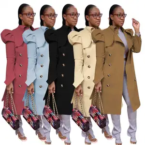 YP新款流行长袖实心花瓣冬季夹克和外套2024秋季卡其色纽扣上衣女士长风衣女