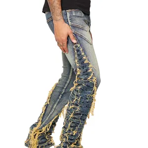 Huili Custom Wholesale raw leg stacked jeans with flared opening fashion double faked pocket denim pants for man