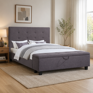 <span class=keywords><strong>Lit</strong></span> plateforme rembourré en lin gris avec repose-pieds ottoman de rangement, tête de <span class=keywords><strong>lit</strong></span> capitonnée, meubles de chambre à coucher, aucun sommier tapissier nécessaire - Product Image 3