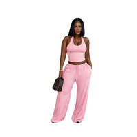 Ensemble de Loungewear d'Été Uni en Gros : Haut Halter Sans Manches Long et Pantalon Évasé à Cordon de Serrage à Jambes Larges – Tenue Décontractée 2 Pièces pour Femme