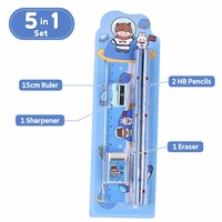 Ensemble de papeterie mignon de dessins animés 5-en-1, kit d'écriture pour enfants, crayon, règle, gomme, taille-crayon Kawaii pour la rentrée scolaire, vente en gros