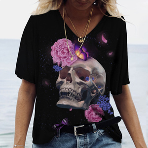 Nouveau T-shirt imprimé à manches courtes en laine respirante 3D avec motif de crâne gothique d'horreur d'été pour femmes et enfants, hauts tendance pour filles, tee-shirt cool - Product Image 4