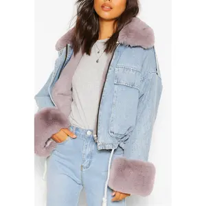 Blauw Faux Bontkraag Casual Mode Vrouw Cargo Zakken Jassen Fall Winter Fleece Wol Dames Custom Denim Jeans Vrouwen jassen