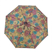 Parapluie de voyage compact personnalisé haut de gamme, entièrement automatique, à impression numérique, motif vintage, imperméable, avec poignée en bois en forme de J, pliable en 3 sections