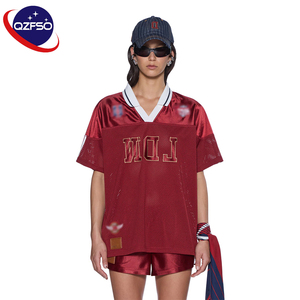 QZFSO Custom Vintage Soccer <b>Top</b> Shiny Satin Mesh Panel Embroidered V-neck Loose Fit Casual Sports Polo Collar Jersey for Women - Product Image 1