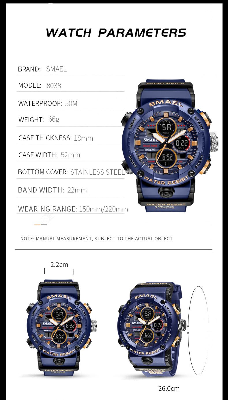 SMAEL 8038 reloj men sports quartz watch analog digital waterproof wrist watches