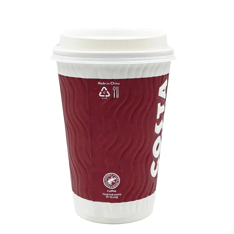 أكواب ورقية للقهوة مزودة بغطاء ووزنها 12 و16 أونصة ومتوفرة بألوان مختلفة وتتميز بشعار متموج مخصص