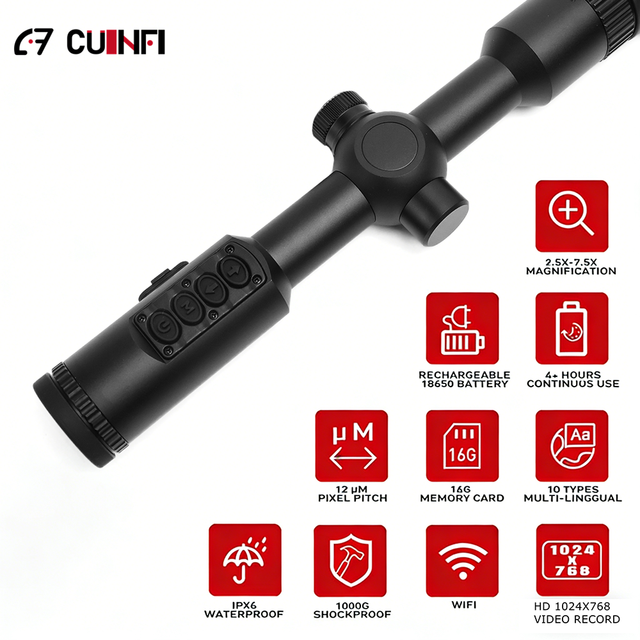 TGS225 2.5-7.5x Digital Zoom Thermal Imaging Scope 384x288 Hunting & Security Night Vision 1800m Detection Range IPX6 Waterproof