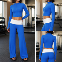Ensemble de Pilates Minimaliste Personnalisé avec Logo, Veste Zippée à Manches Longues et Pantalon Plissé Long pour Femme