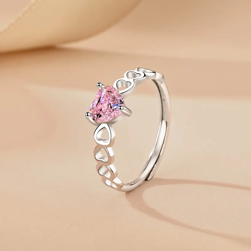925 स्टर्लिंग चांदी की अंगूठी महिलाओं के हल्के लक्जरी पानी ने फैशन प्यारे दिल के रूप में गुलाबी उच्च कार्बो