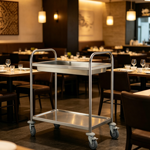 Carrito de Servicio Pequeño de 2 Niveles de Acero Inoxidable con Tubo Redondo de 0.8mm y Ruedas Silenciosas para Cafetería o <span class=keywords><strong>Bistro</strong></span> - Product Image 1
